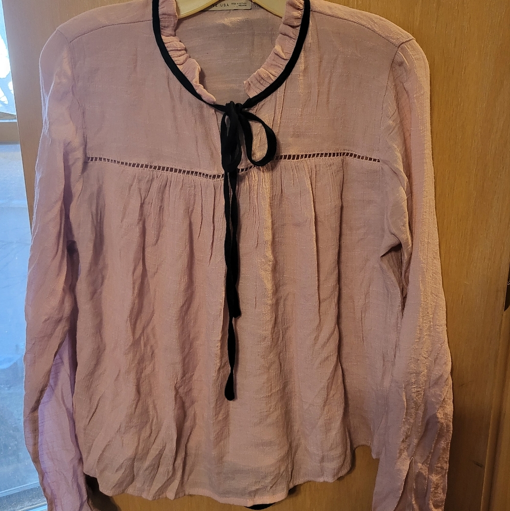 Active USA Pink Sheer Black Ribbon Medium Lolita Long Sleeved Top